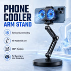 Phone cooler arm stand main product image with semiconductor cooling callouts