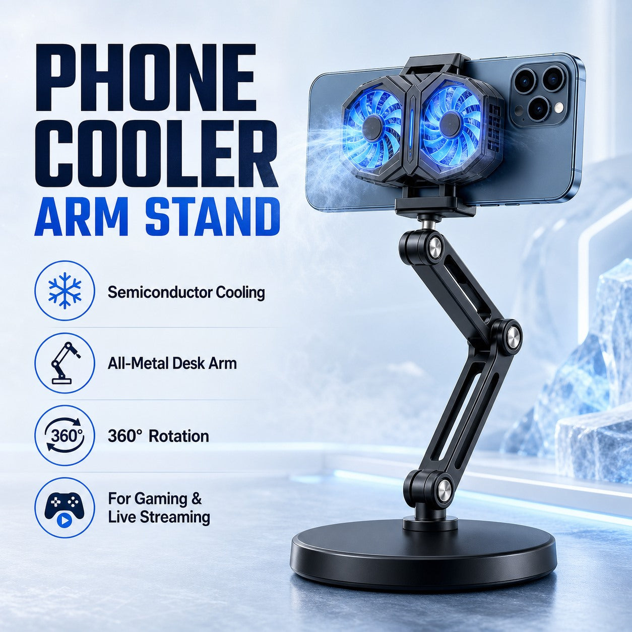 Phone cooler arm stand main product image with semiconductor cooling callouts