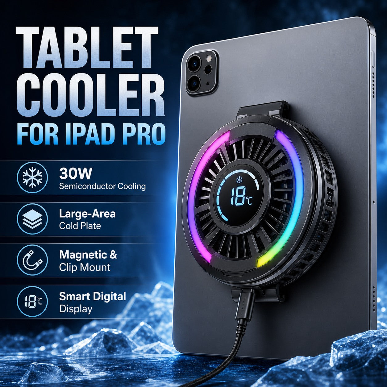 Tablet cooler for iPad Pro main image with 30W semiconductor cooling callouts