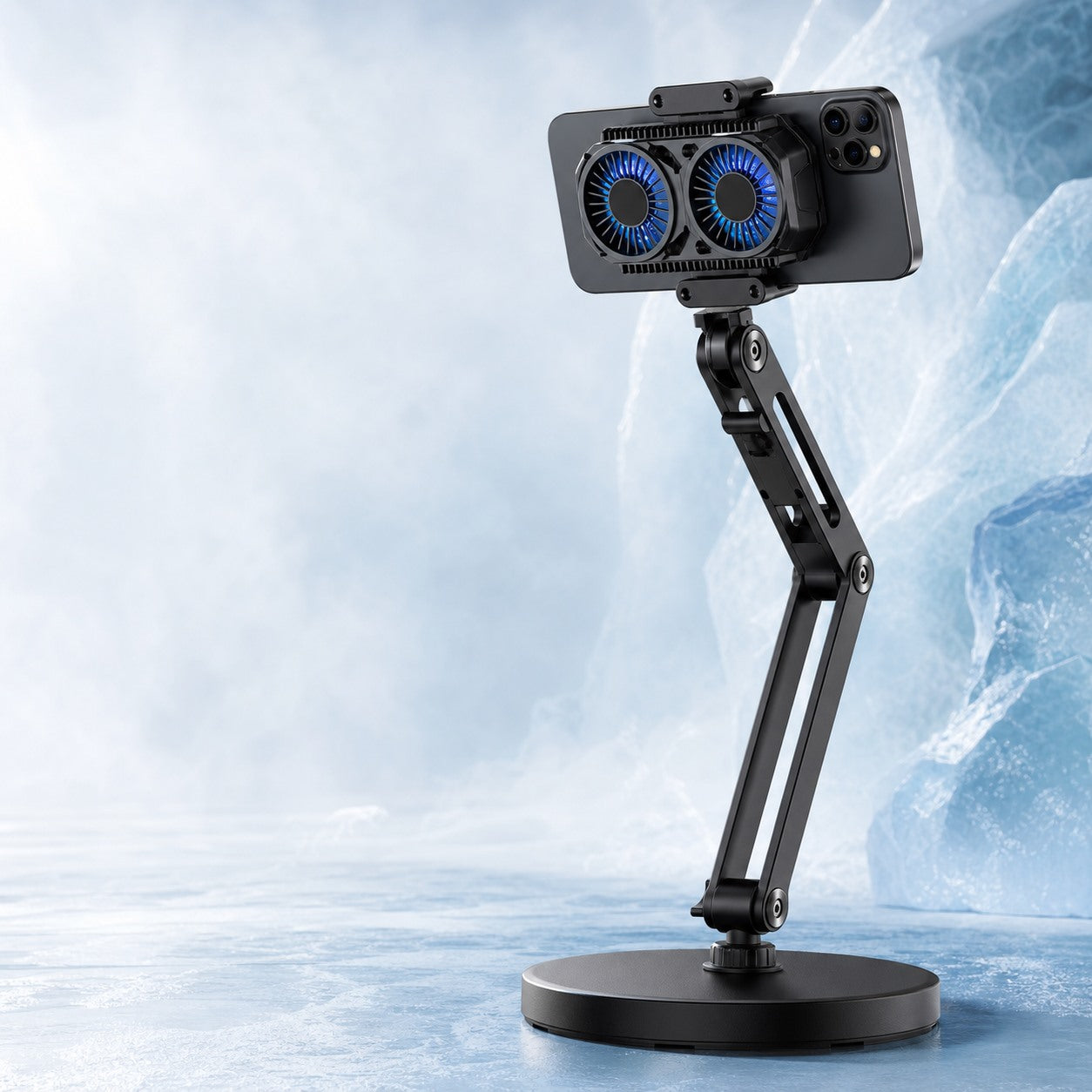 Clean product render of phone cooler arm stand with all-metal desk arm