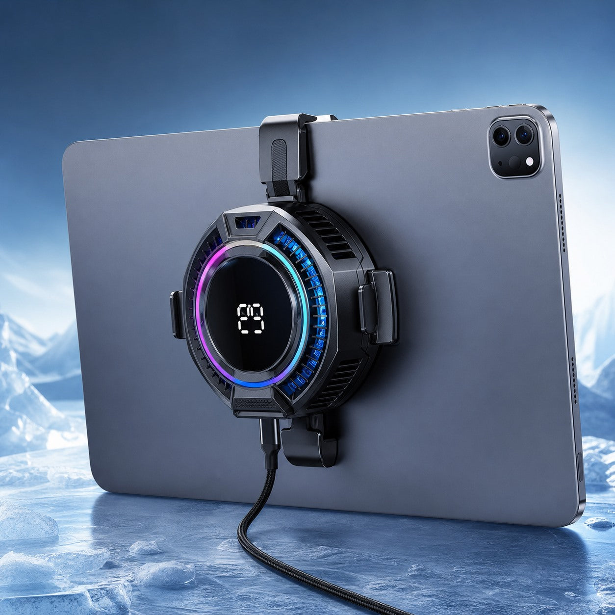 Clean render of tablet cooler attached to a large tablet with digital display