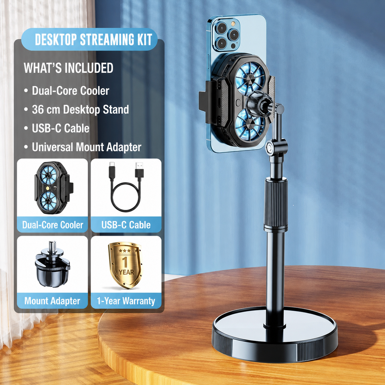 Phone cooler with 36 cm desktop streaming stand