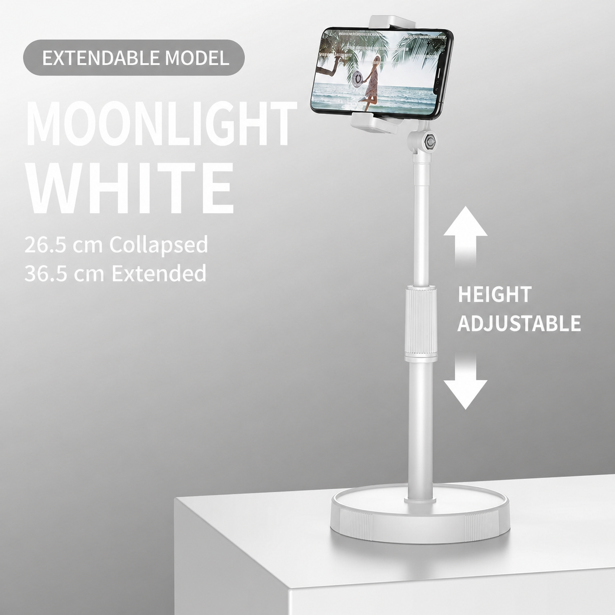 Height-adjustable desktop phone stand in moonlight white