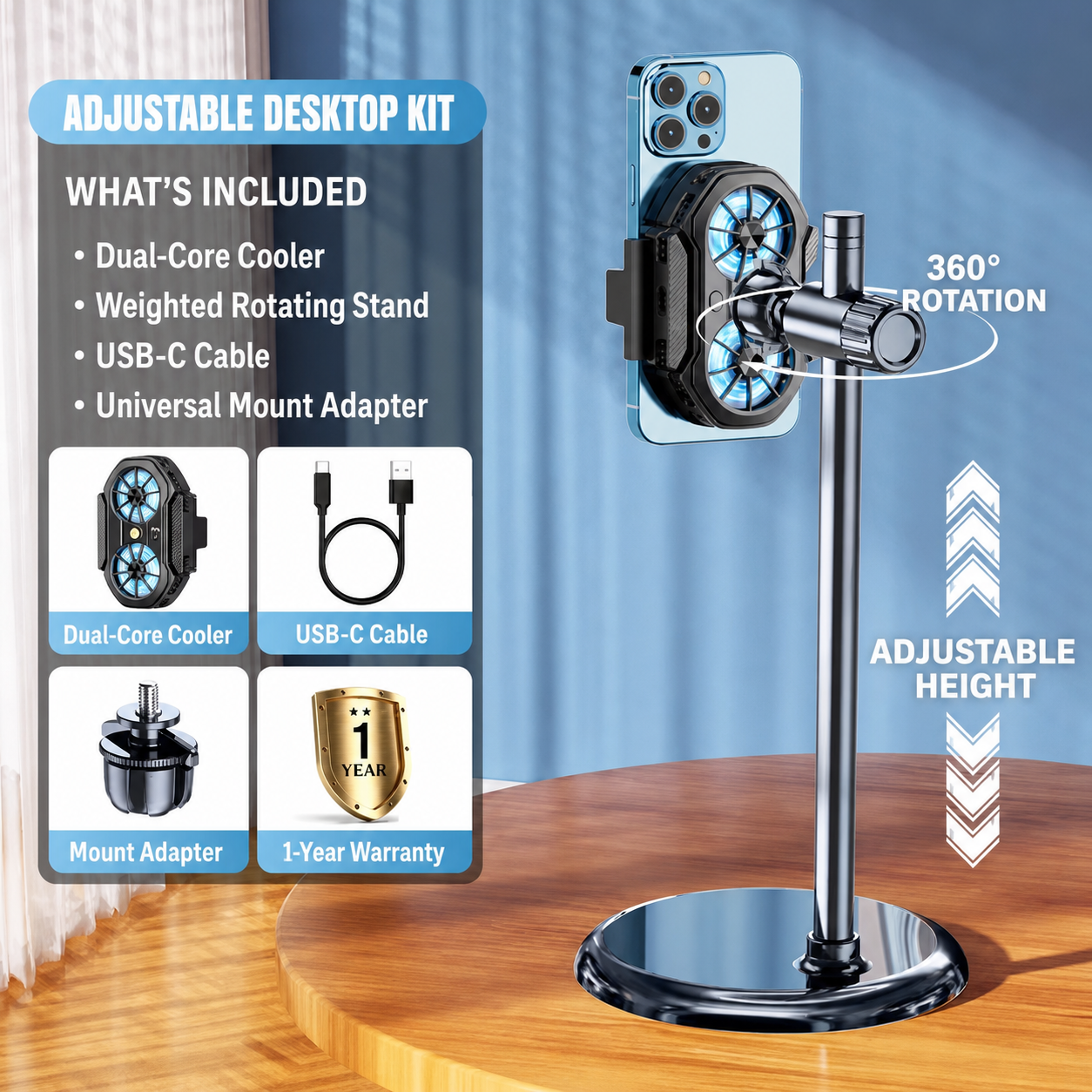 Adjustable rotating desktop phone cooler stand