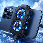 Close-up of semiconductor phone cooler with blue dual fan cooling module
