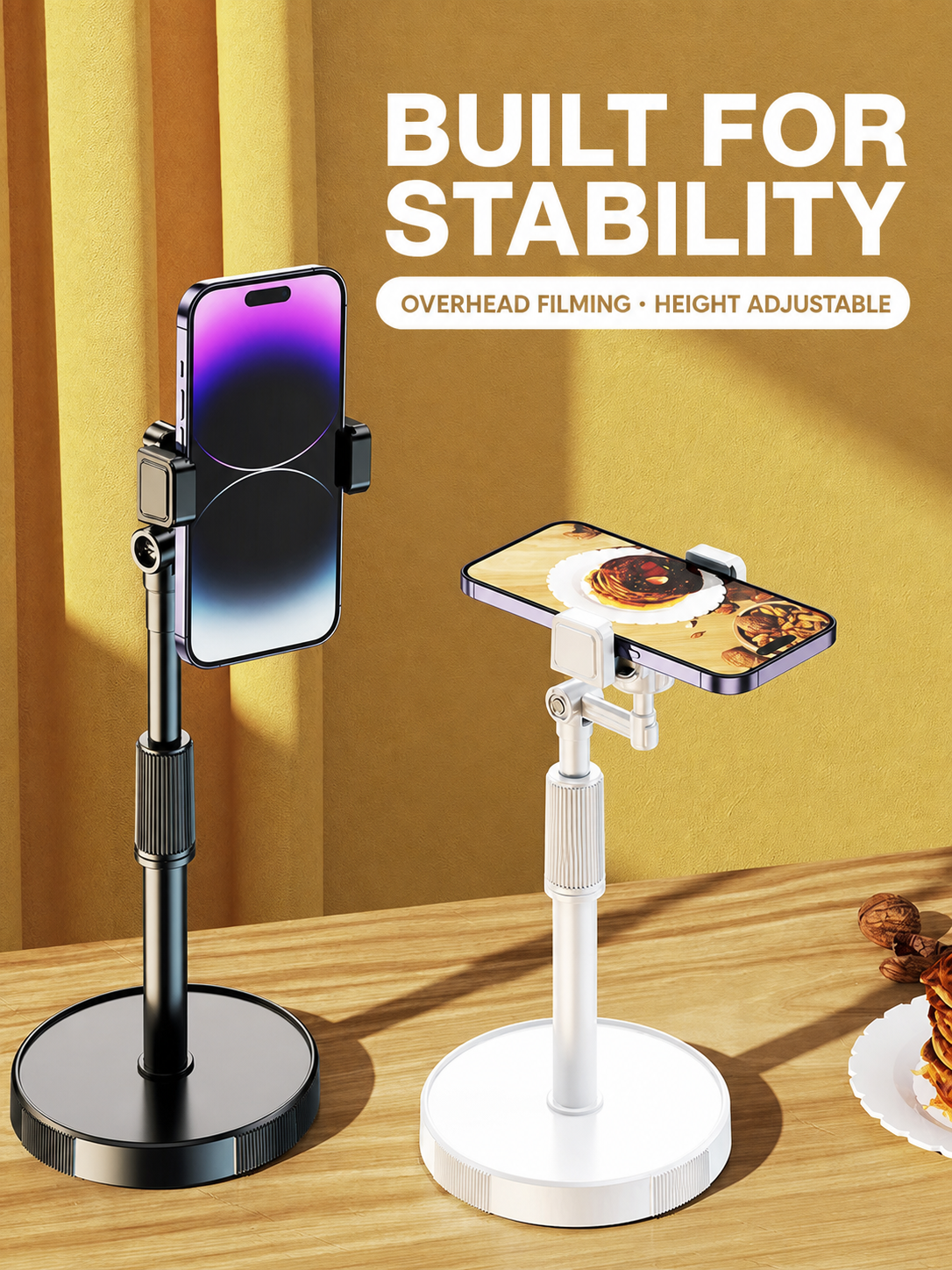 Weighted-base phone stands for overhead filming