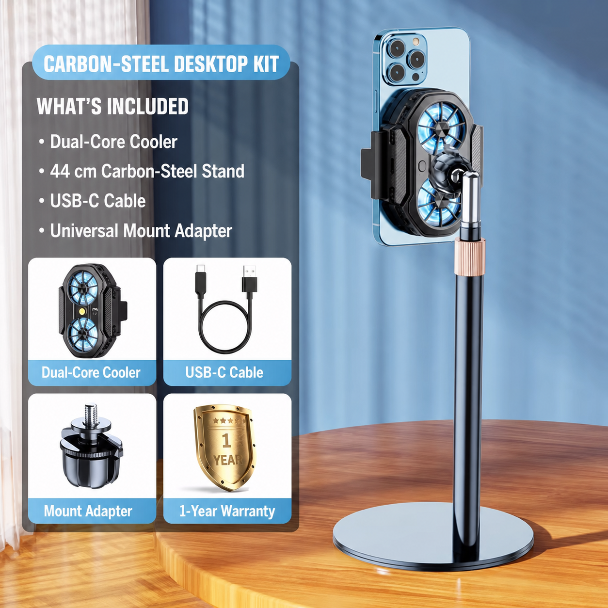 Phone cooler with black carbon-steel desktop stand