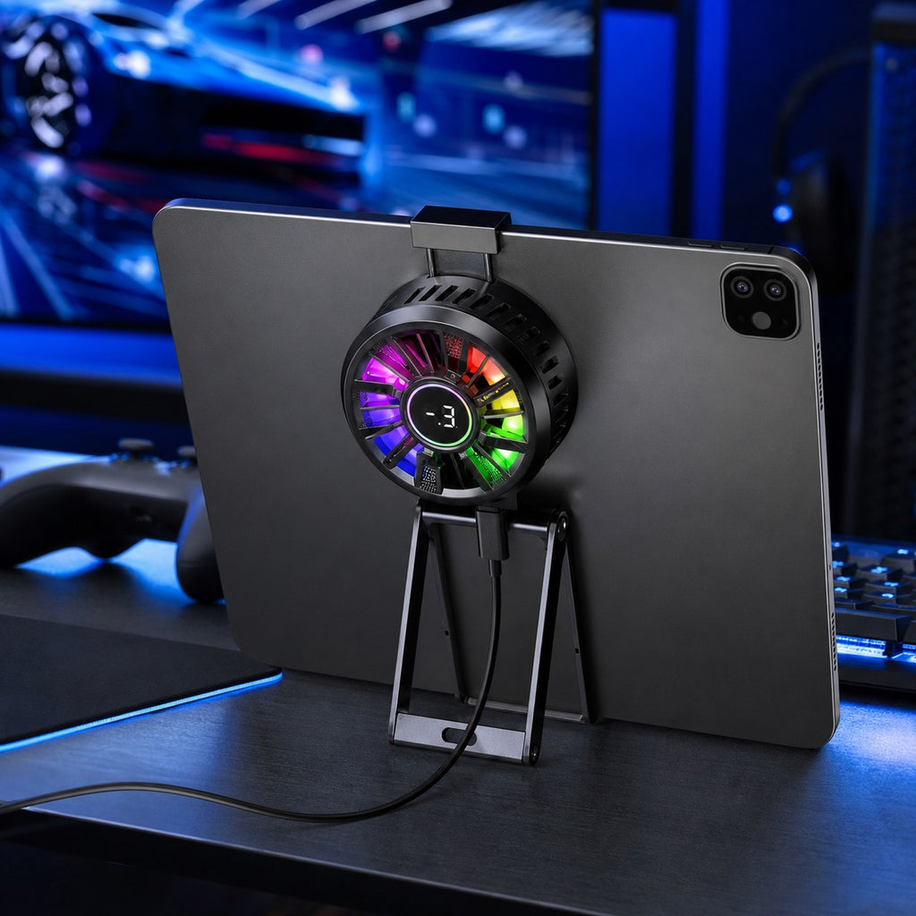 Tablet cooler gaming setup with large tablet and RGB cooling fan