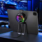 Tablet cooler gaming setup with large tablet and RGB cooling fan