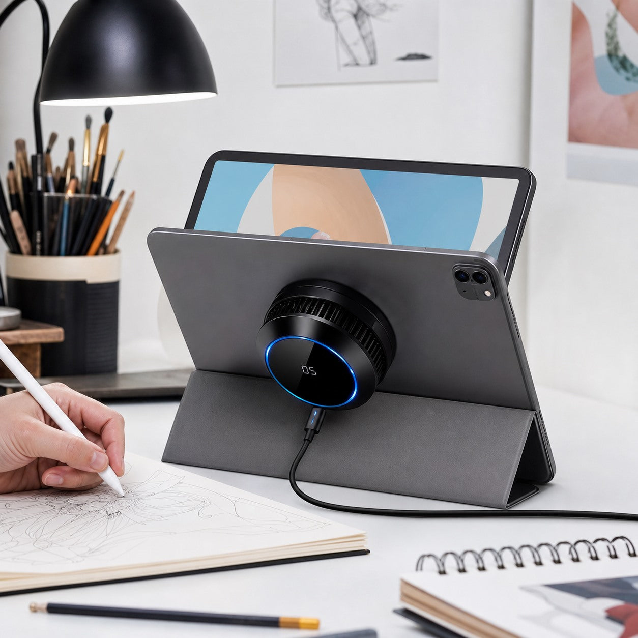 Tablet cooler for drawing and creator desk setup with stylus
