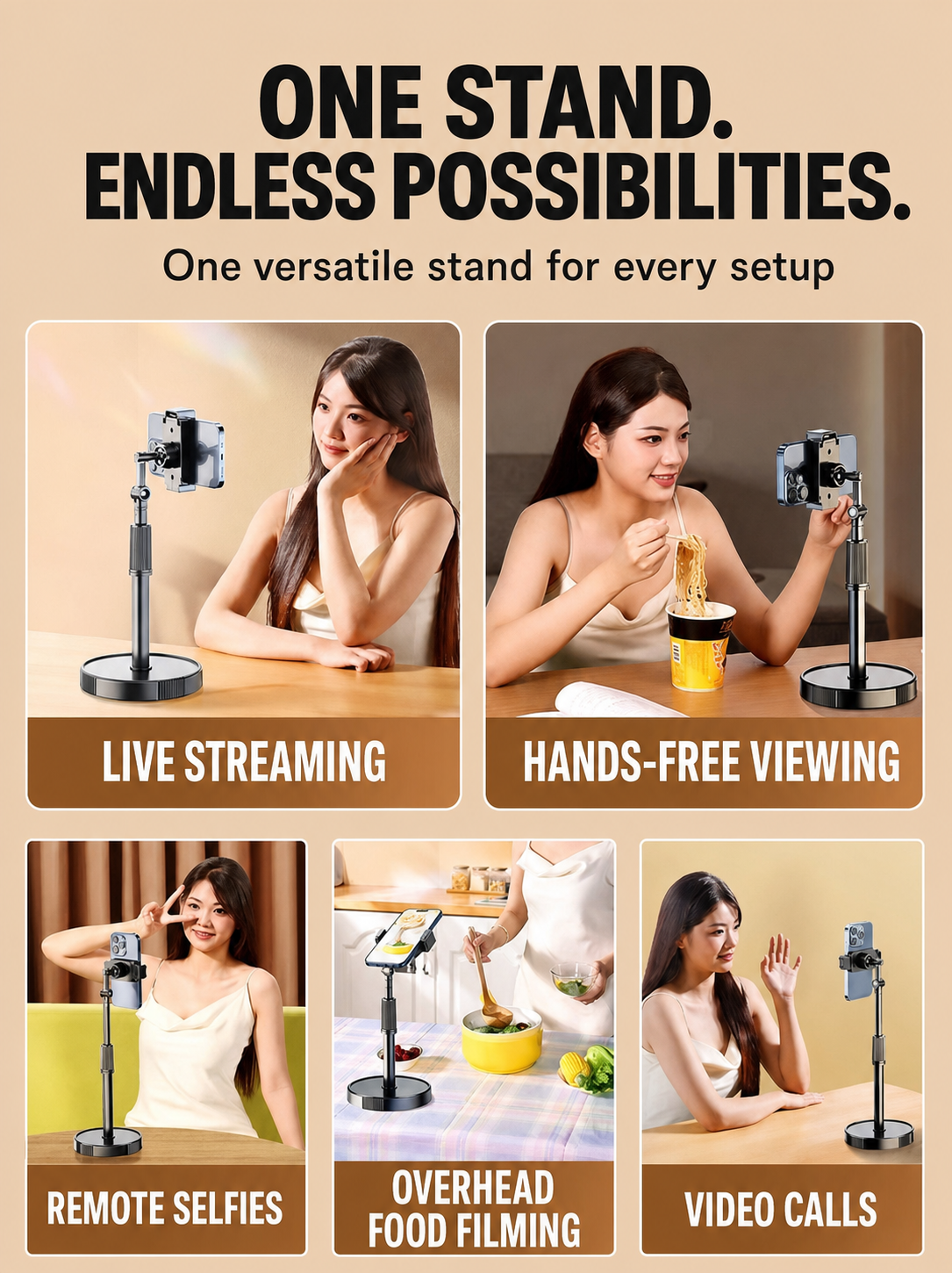 Desktop phone stand for livestreaming, selfies, filming and video calls