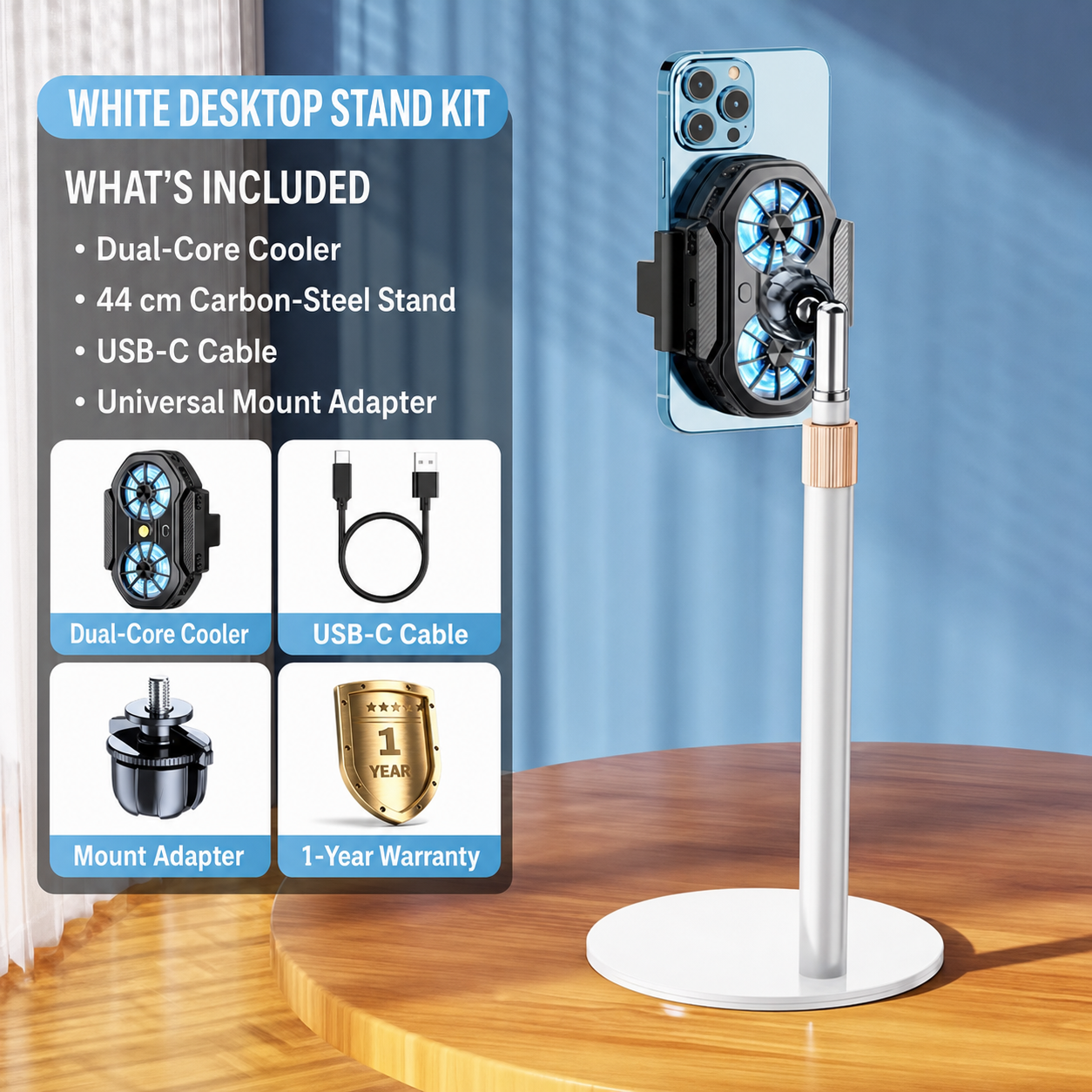 Phone cooler with white carbon-steel desktop stand
