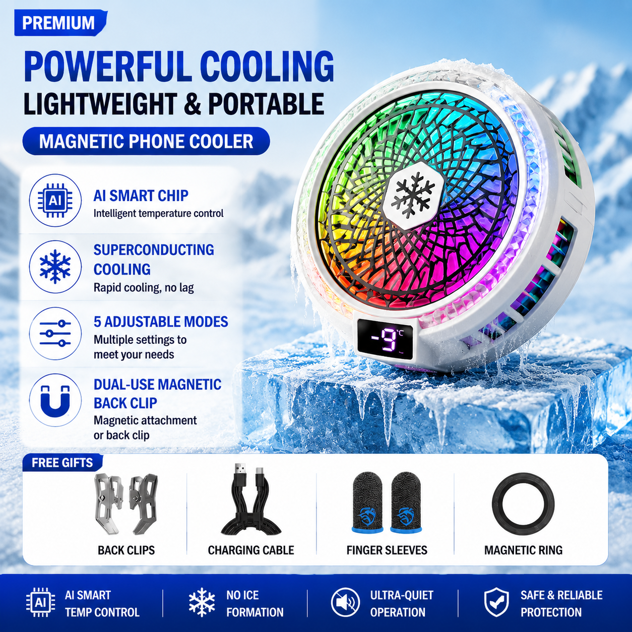 Phone cooler package contents and mounting accessories