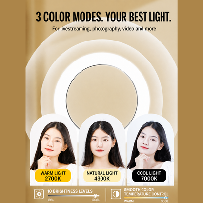 Ring light with three color modes and ten brightness levels