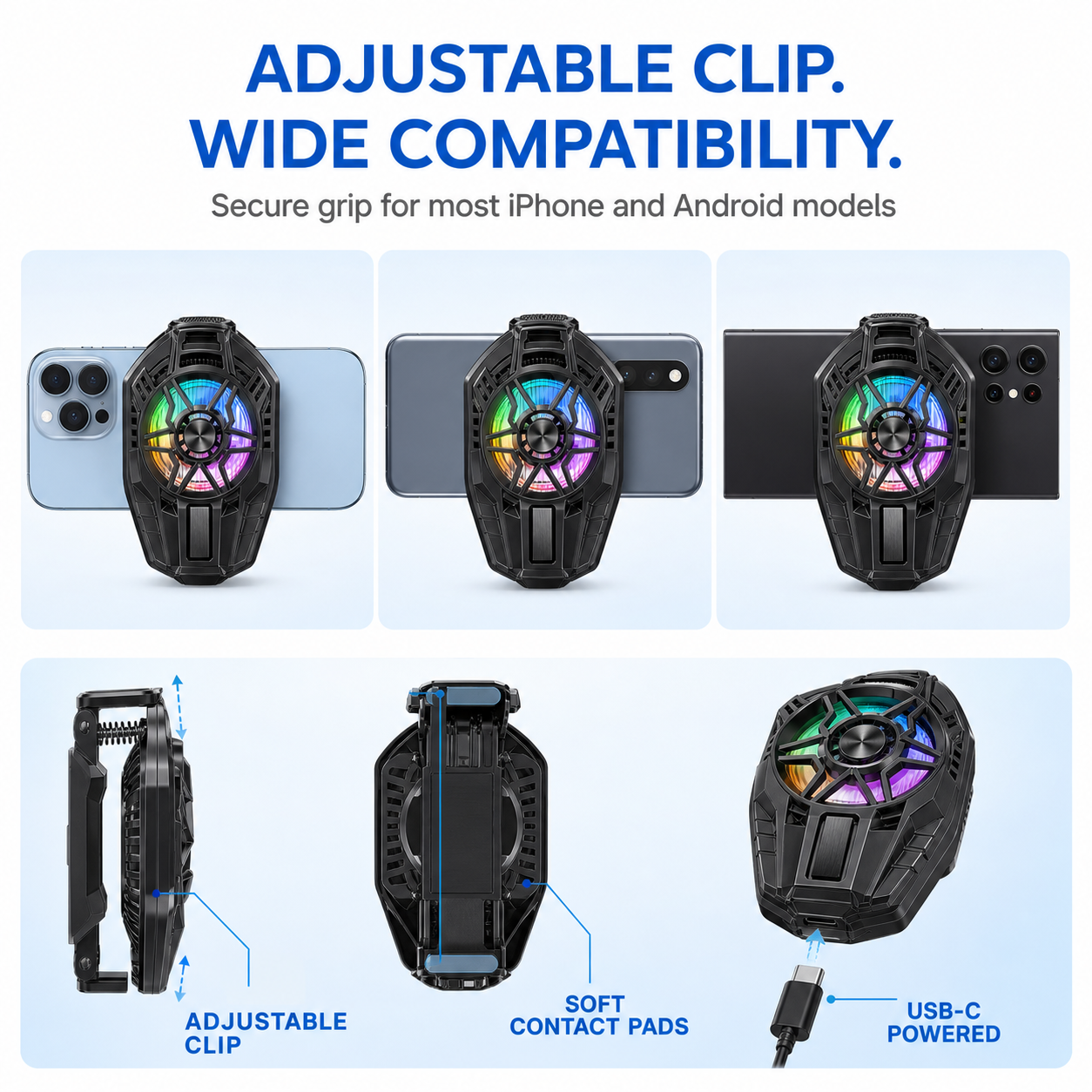 X25 adjustable clip phone cooler for iPhone and Android