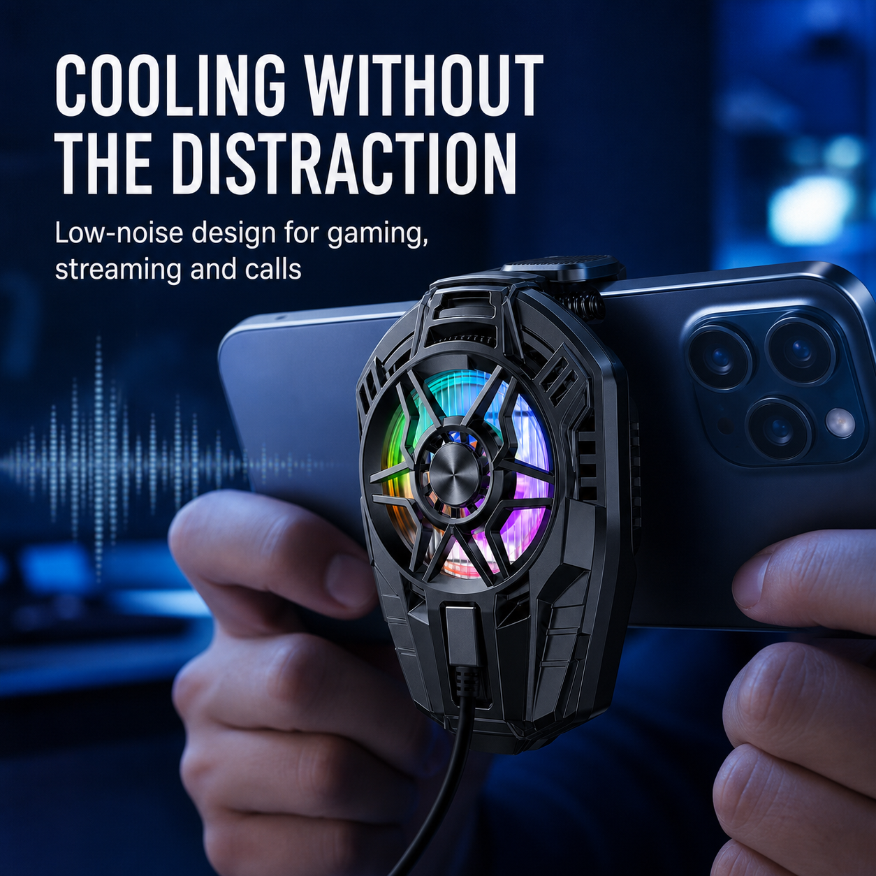 Low-noise X25 phone cooler for gaming streaming and calls