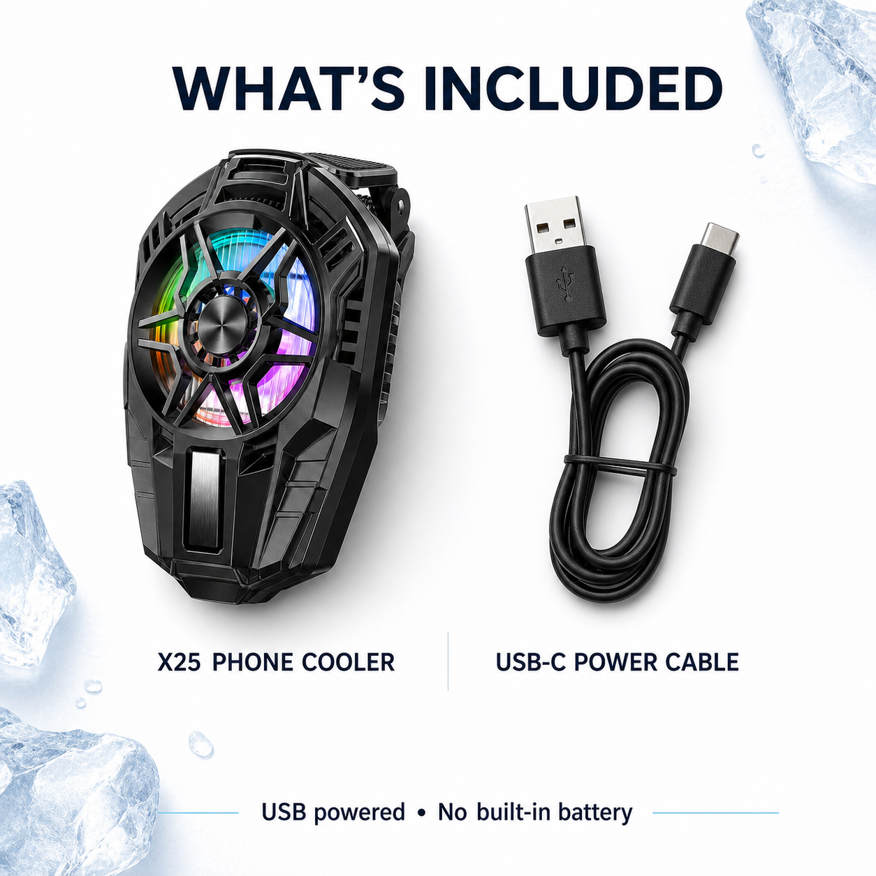 X25 USB powered phone cooler and USB-C cable included